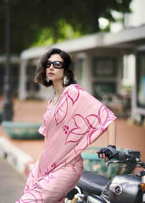 baby pink japan satin saree with unstitched blouse piece 2