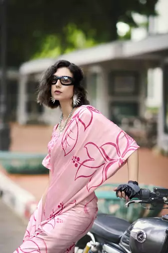 baby pink japan satin saree with unstitched blouse piece
