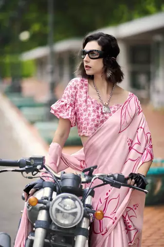 baby pink japan satin saree with unstitched blouse piece