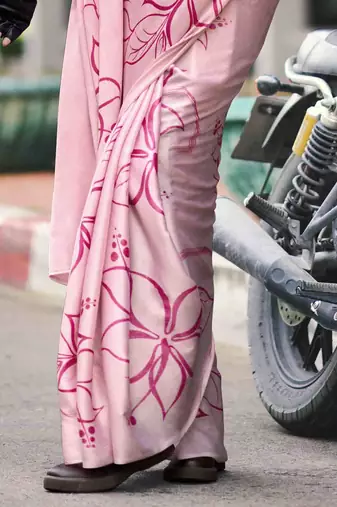 baby pink japan satin saree with unstitched blouse piece