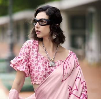 baby pink japan satin saree with unstitched blouse piece 5