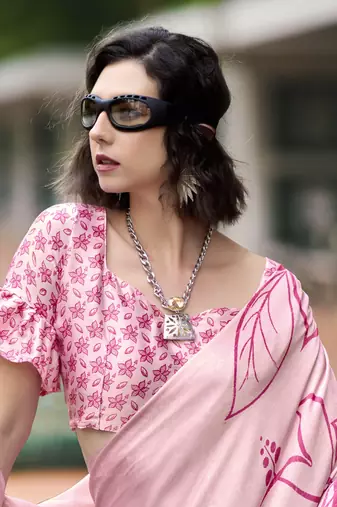 baby pink japan satin saree with unstitched blouse piece