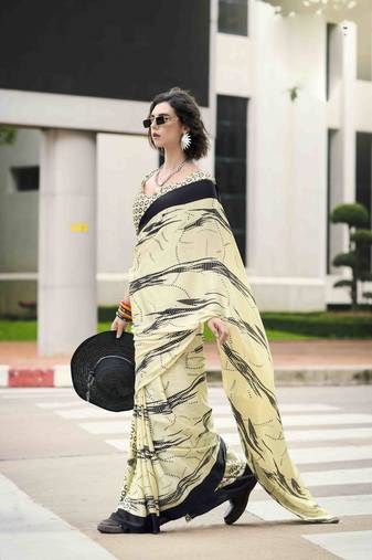 khaki japan satin saree with unstitched blouse piece