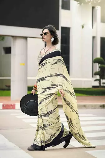 khaki japan satin saree with unstitched blouse piece