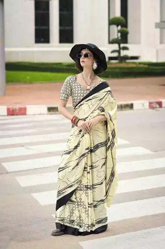 khaki japan satin saree with unstitched blouse piece