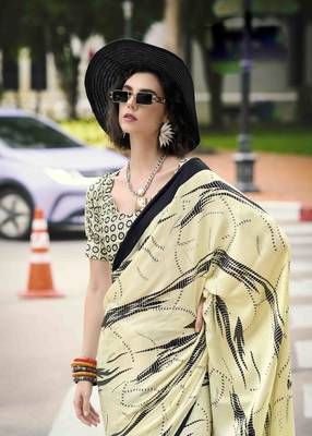 khaki japan satin saree with unstitched blouse piece 3