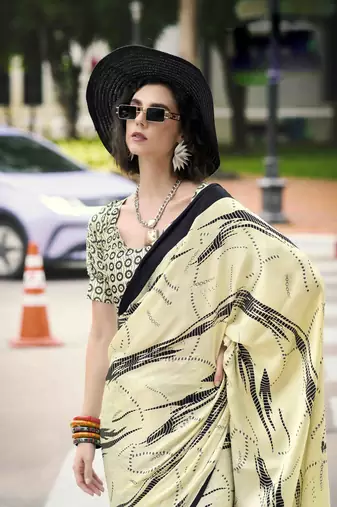 khaki japan satin saree with unstitched blouse piece
