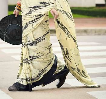 khaki japan satin saree with unstitched blouse piece 4