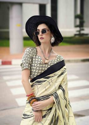 khaki japan satin saree with unstitched blouse piece 5