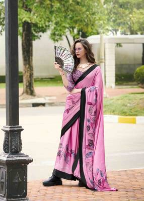 pink japan satin saree with unstitched blouse piece 1