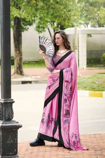 pink japan satin saree with unstitched blouse piece