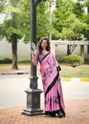 pink japan satin saree with unstitched blouse piece 2