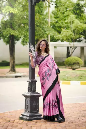 pink japan satin saree with unstitched blouse piece