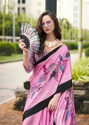 pink japan satin saree with unstitched blouse piece 3
