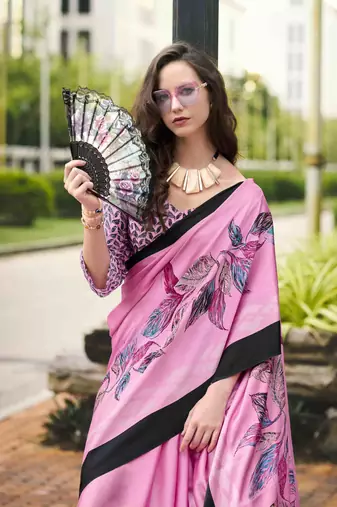 pink japan satin saree with unstitched blouse piece