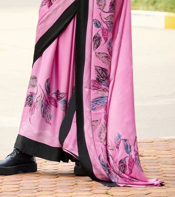 pink japan satin saree with unstitched blouse piece 4