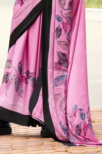 pink japan satin saree with unstitched blouse piece