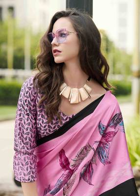 pink japan satin saree with unstitched blouse piece 5