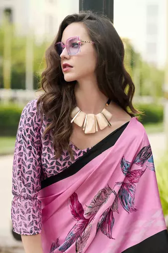 pink japan satin saree with unstitched blouse piece