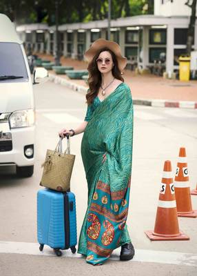 sea green japan satin saree with unstitched blouse piece 1