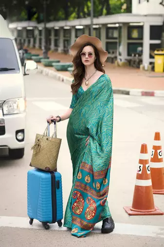 sea green japan satin saree with unstitched blouse piece