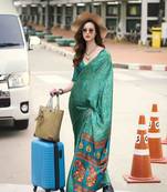 sea green japan satin saree with unstitched blouse piece