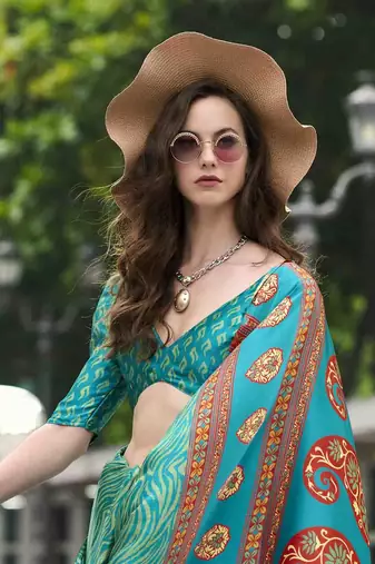 sea green japan satin saree with unstitched blouse piece