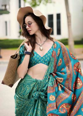 sea green japan satin saree with unstitched blouse piece 3