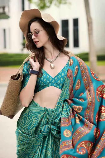 sea green japan satin saree with unstitched blouse piece
