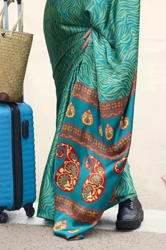 sea green japan satin saree with unstitched blouse piece