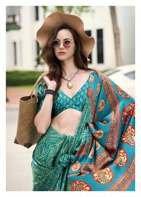 sea green japan satin saree with unstitched blouse piece 5