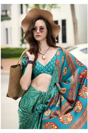 sea green japan satin saree with unstitched blouse piece