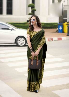 mehendi japan satin saree with unstitched blouse piece 1