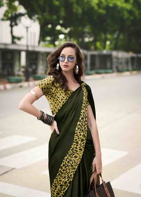 mehendi japan satin saree with unstitched blouse piece 2