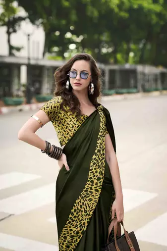 mehendi japan satin saree with unstitched blouse piece