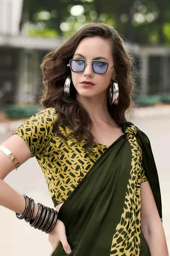 mehendi japan satin saree with unstitched blouse piece