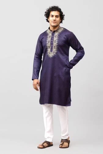zari embroidered kurta set for men purple color