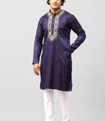 zari embroidered kurta set for men purple color