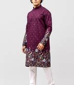 phulkari floral and sequins embroidered kurta set for men wine color