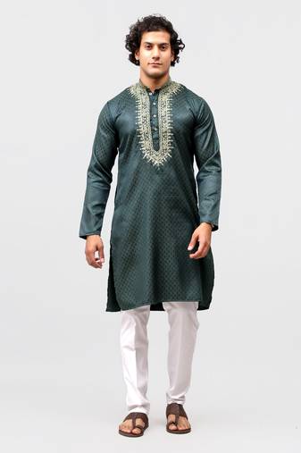 zari embroidered kurta set for men green color