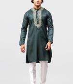 zari embroidered kurta set for men green color