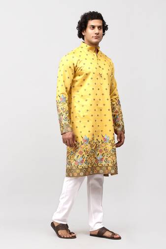 phulkari floral and sequins embroidered kurta set for men yellow color