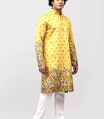 phulkari floral and sequins embroidered kurta set for men yellow color