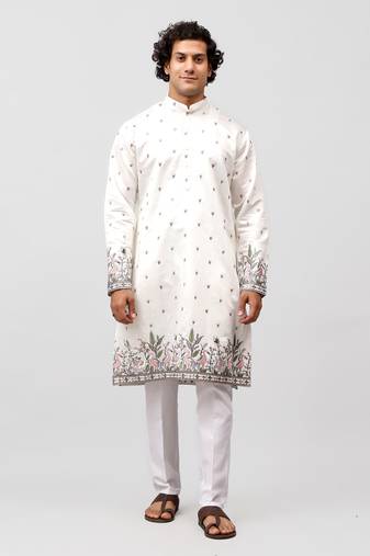 phulkari floral and sequins embroidered kurta set for men white color
