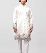 phulkari floral and sequins embroidered kurta set for men white color