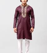 zari embroidered kurta set for men maroon color