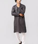 men's dark grey kurta set with embroidery motif