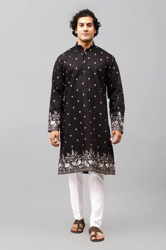 phulkari floral and sequins embroidered kurta set for men black color