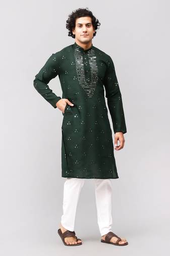 men's dark green kurta set with embroidery motif