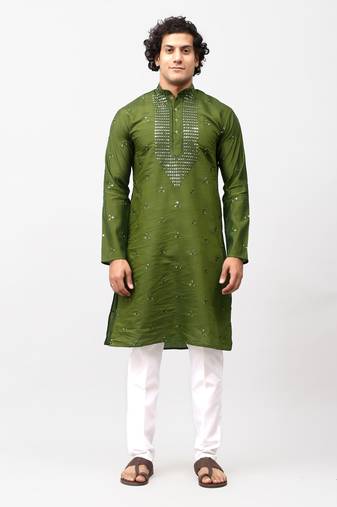 men's mehandi green kurta set with embroidery motif